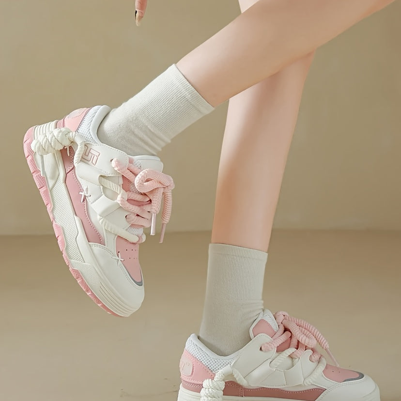 Women's Cute Chunky Lace-Up Sneakers - Pink, Low-Top, Thick Sole, Casual Athletic Shoes - Fabric/PU Upper, Rubber Sole, All-Season Design